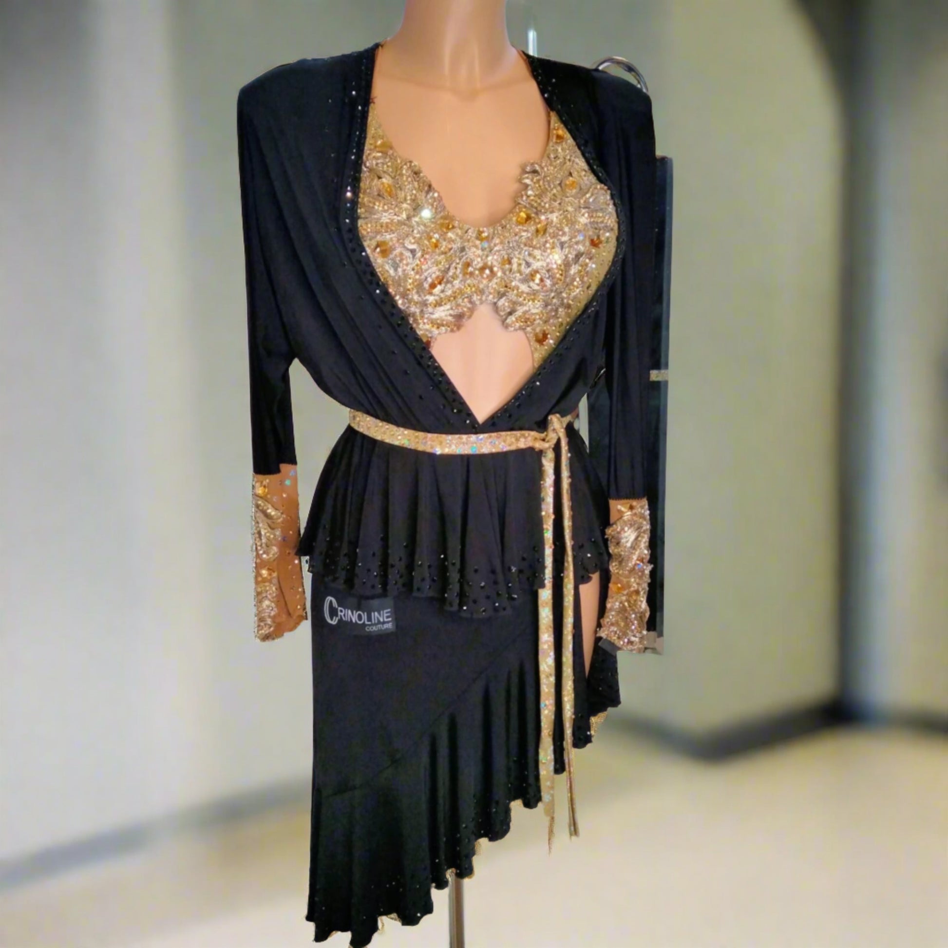 Gold Decorations Flowing Black Latin Dress