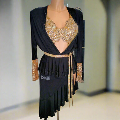 Gold Decorations Flowing Black Latin Dress