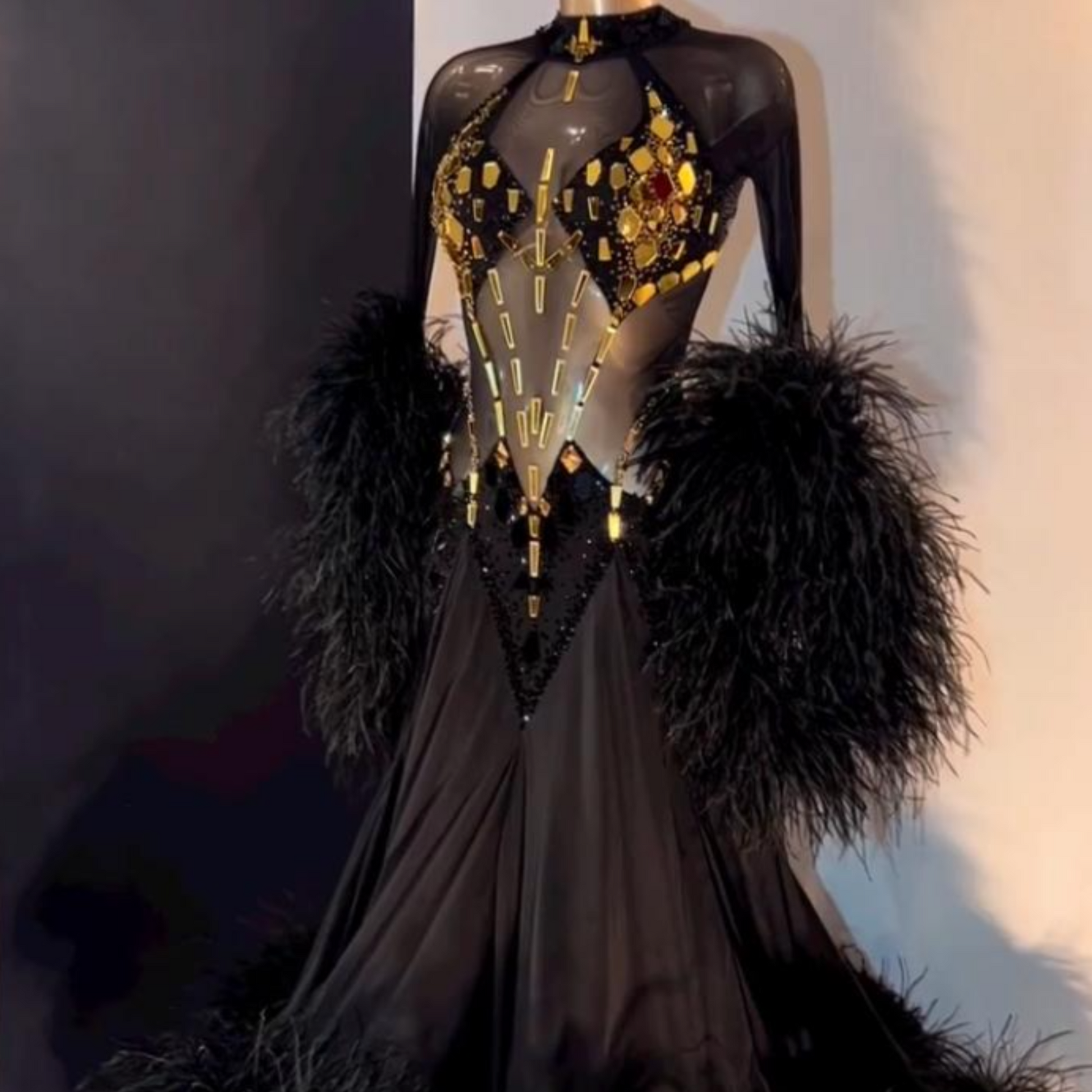 Gold Mirror Embroidery Black Ballroom Dress Gold Mirror Embroidery Black Ballroom Dress