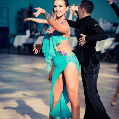 Blue Latin Dress with Lace (ballroom dresses for sale, latin, dancesport, rhythm)