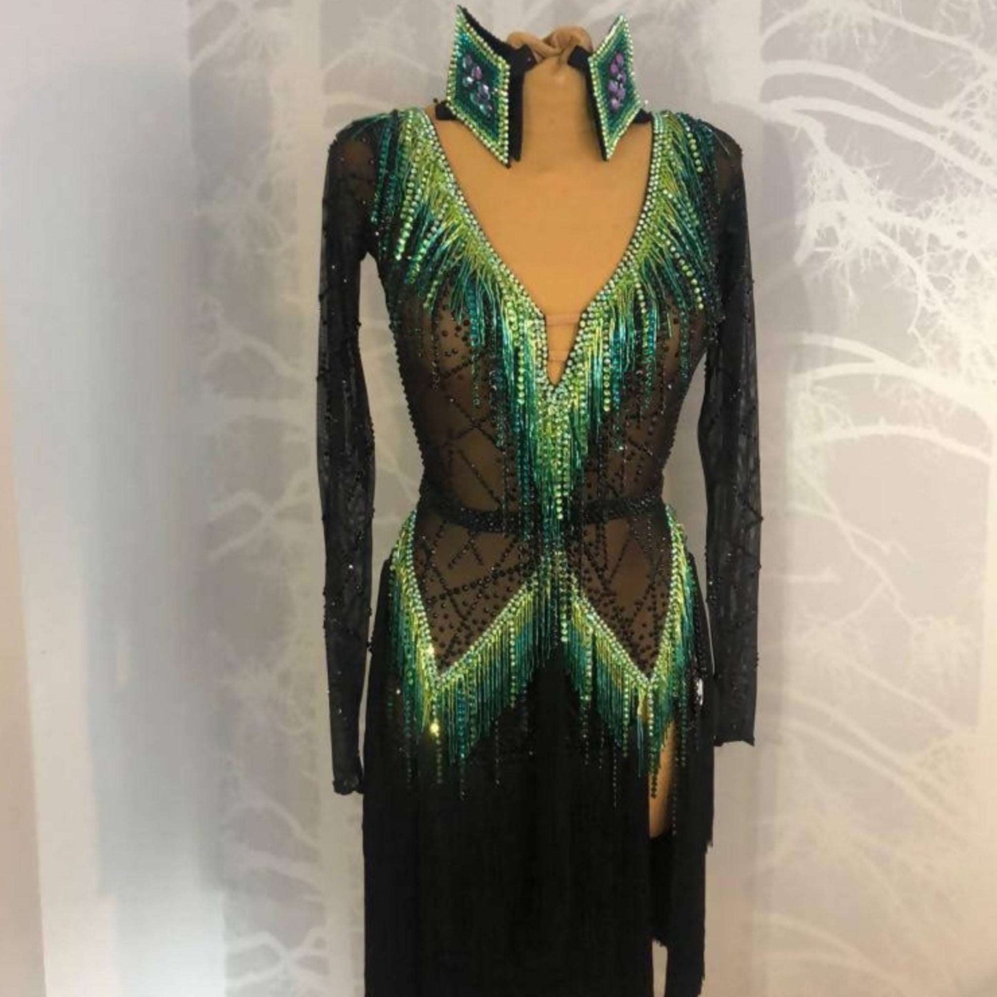 Black & Green Latin Dress with Fringe (ballroom dress for sale, latin, dancesport, rhythm) - DDressing