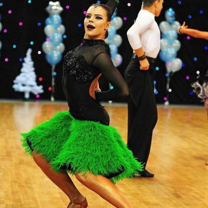 Black & Green Latin Dress with Feathers (ballroom dress for sale, latin, dancesport, rhythm) - DDressing