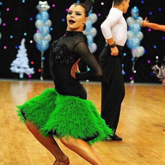 Black & Green Latin Dress with Feathers (ballroom dress for sale, latin, dancesport, rhythm) - DDressing
