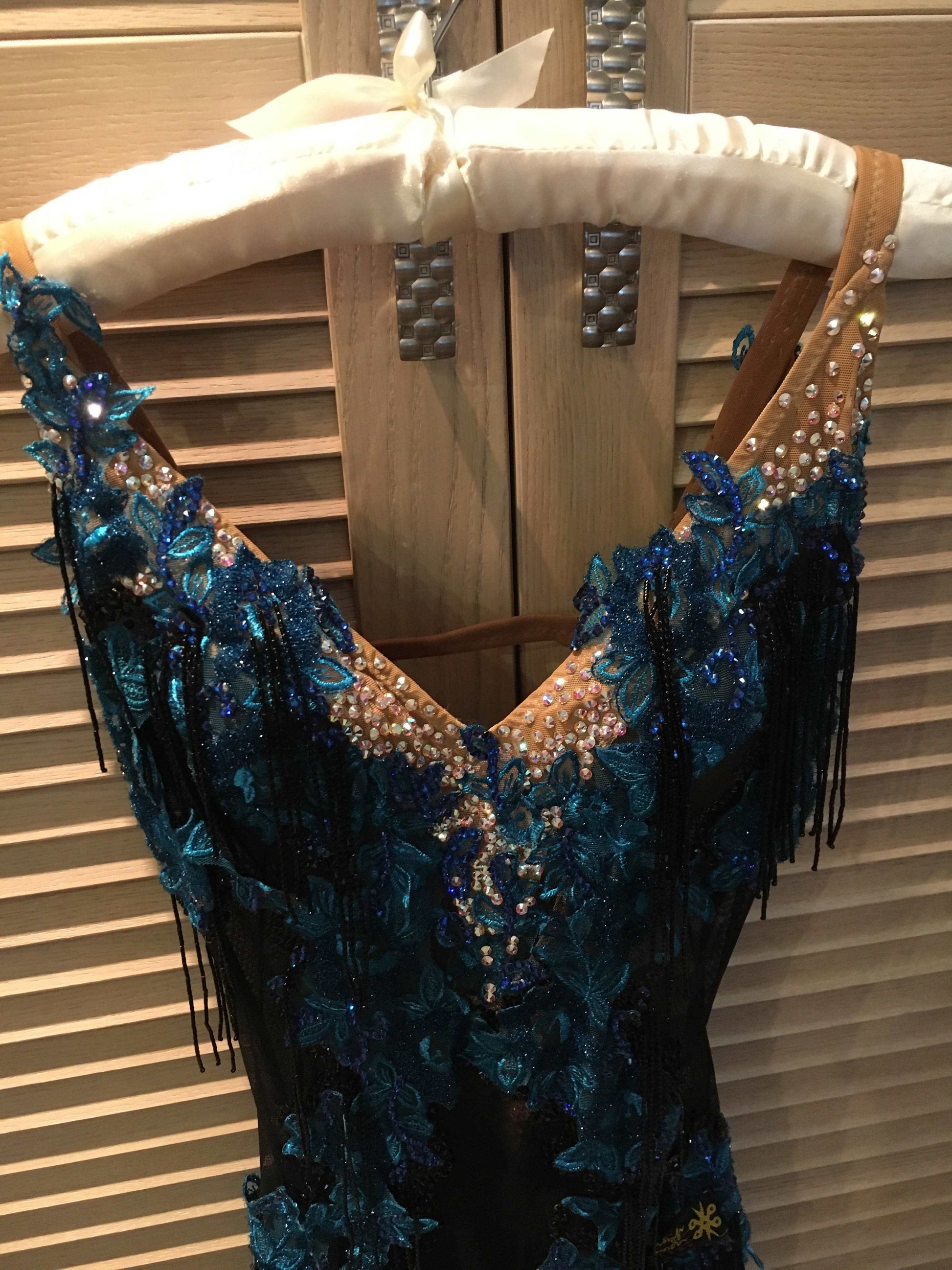Black Latin Dress with Blue Flowers (ballroom dresses for sale, latin, dancesport, rhythm) - DDressing