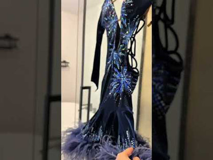 Feathers Navy Blue Latin Dance Dress