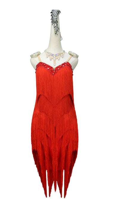 Affordable Red Latin Dress with Custom Fit, Custom red Latin dress, Fringe and AB crystals, Affordable dance dress, Red Latin dance attire, Tailored dance dress, Dance floor elegance, Customized dancewear, Sparkling Latin dress, Red dance costume, Ballroom dance attire, Dance dress with fringe, AB crystals embellishment, Affordable dance outfit, Custom-fit Latin dress, Dancewear in multiple colors