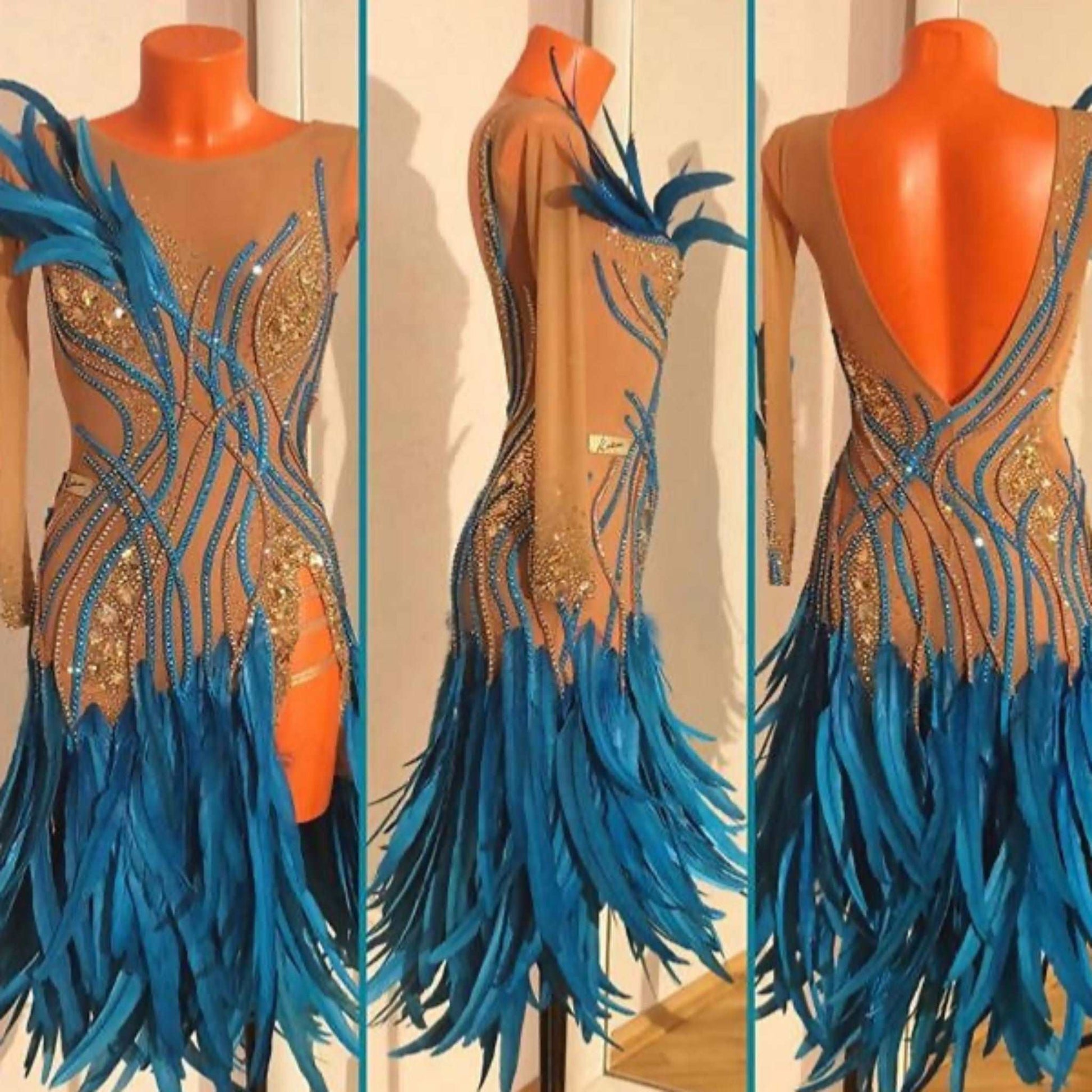 Beige & Blue Latin Dress with Feathers (latin dresses for sale, ballroom dress for sale, dancesport)