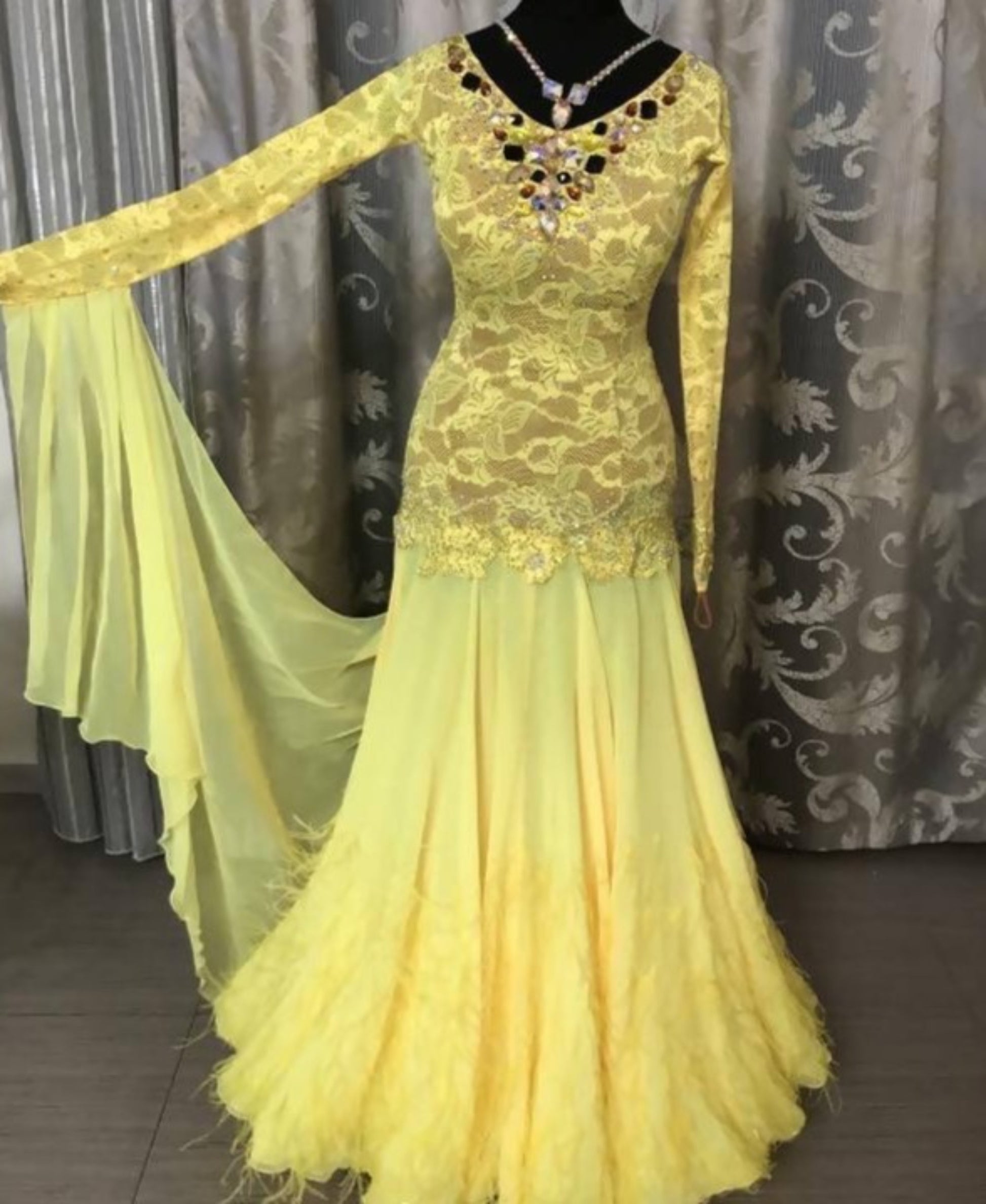 Yellow Standard Ballroom Dress with Lace (ballroom dress for sale, standard, modern, smooth) - DDressing
