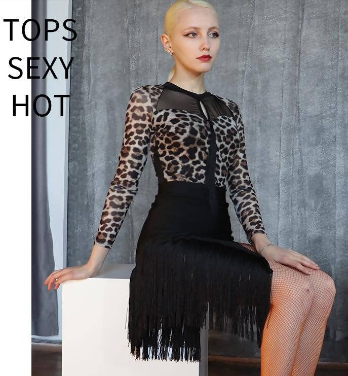 New Latin Dancewear Set - Leopard Blouse & Black Skirt (dancewear, dance practice wear, latin)683
