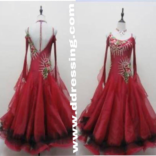 Red Ballroom Competition Dress with Flower Decoration - DDressing