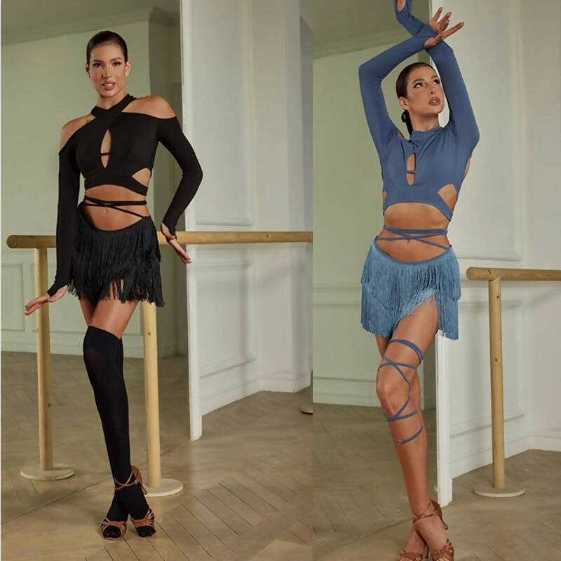 Latin Dancewear set including long sleeve top and short skirt with fringes in black and blue colors