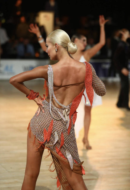 Arti Design Silver & Orange Latin Dress (ballroom dresses for sale, latin, dancesport, rhythm)