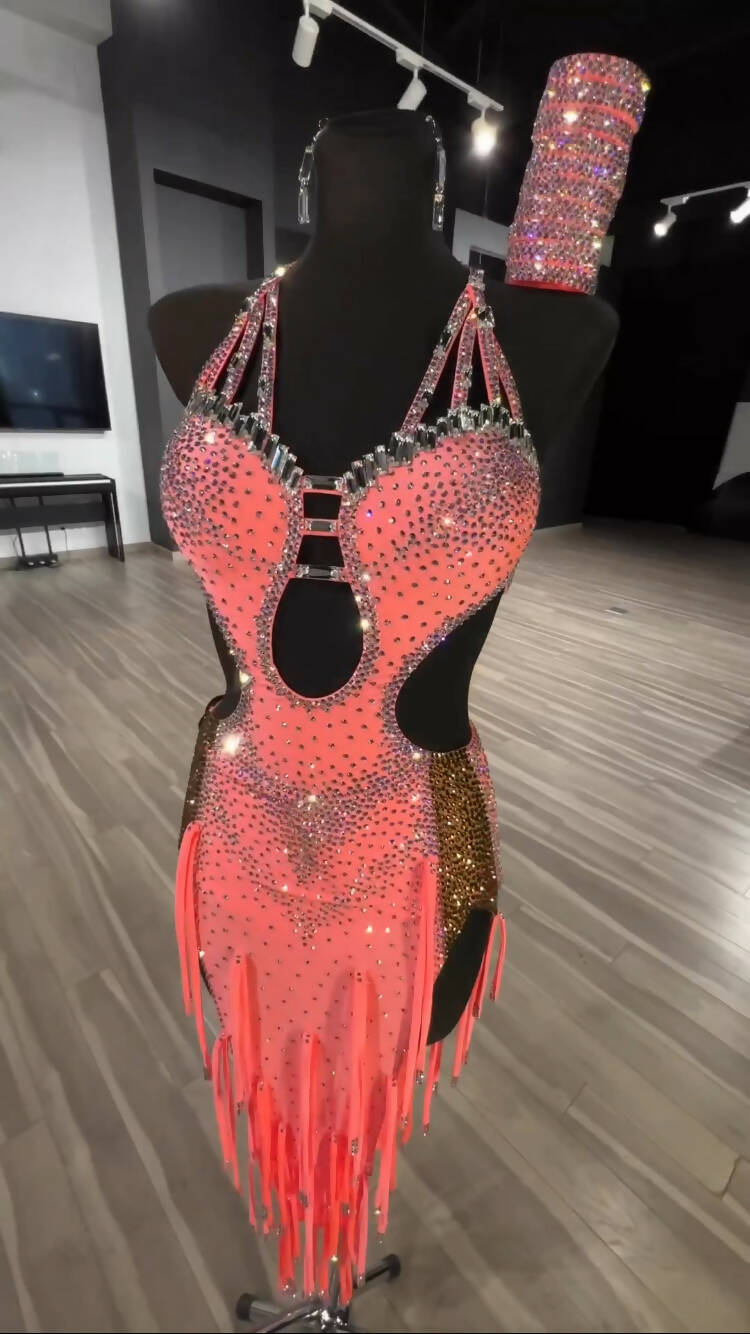 Glamorous Coral Arti Design Latin Dress for Sale, Arti dance dress, rhythm dress for sale, latin