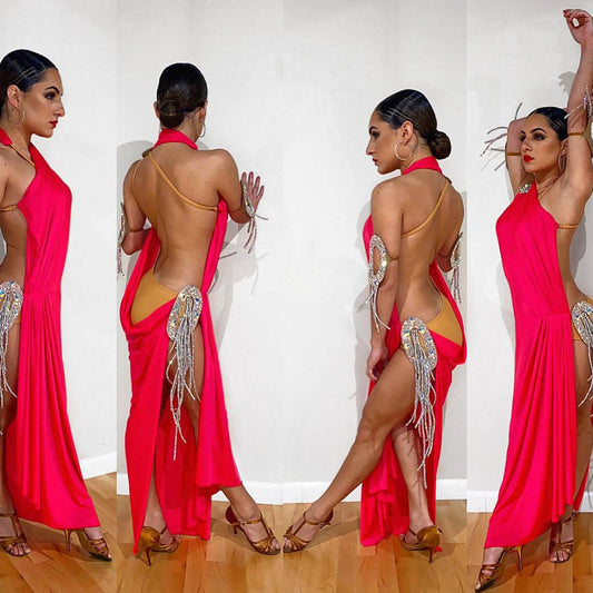 New Neon Red & Silver Latin Dress (latin dresses for sale, ballroom, dancesport, rhythm)