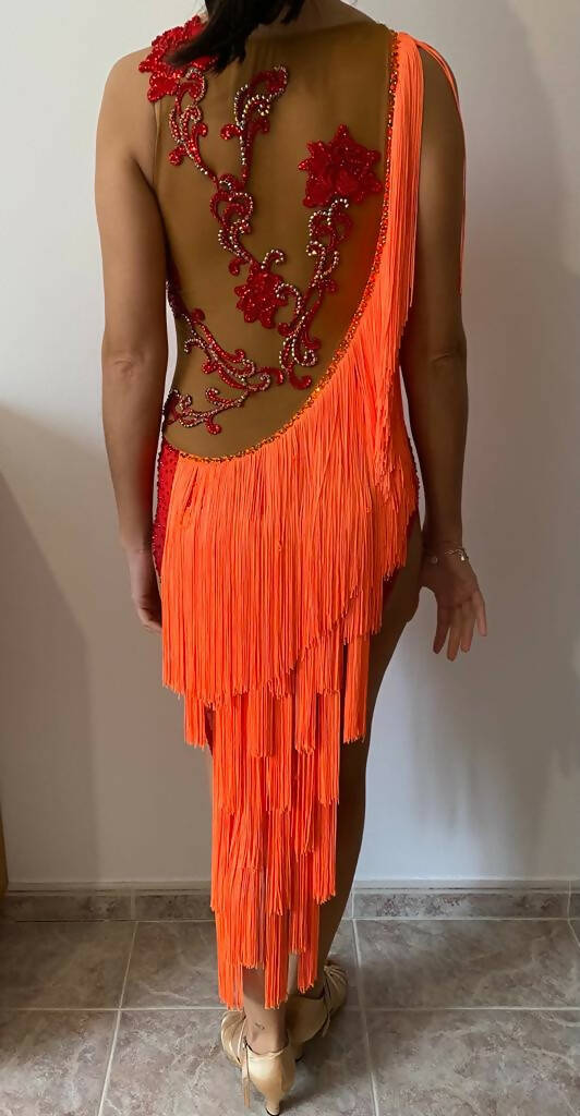 Glamorous Red, Orange & Gold Latin Competition Dress, latin dress for sale, rhythm dresses