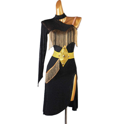 One Sleeve Black Latin Dancewear with Gold Fringe | 228Dance Dressing