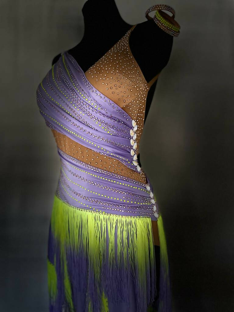 Vibrant Purple & Neon Green Fringed Latin Dress, latin dress for sale, rhythm dress, latin dresses for sale, dance dress, competition dress, Neda Design