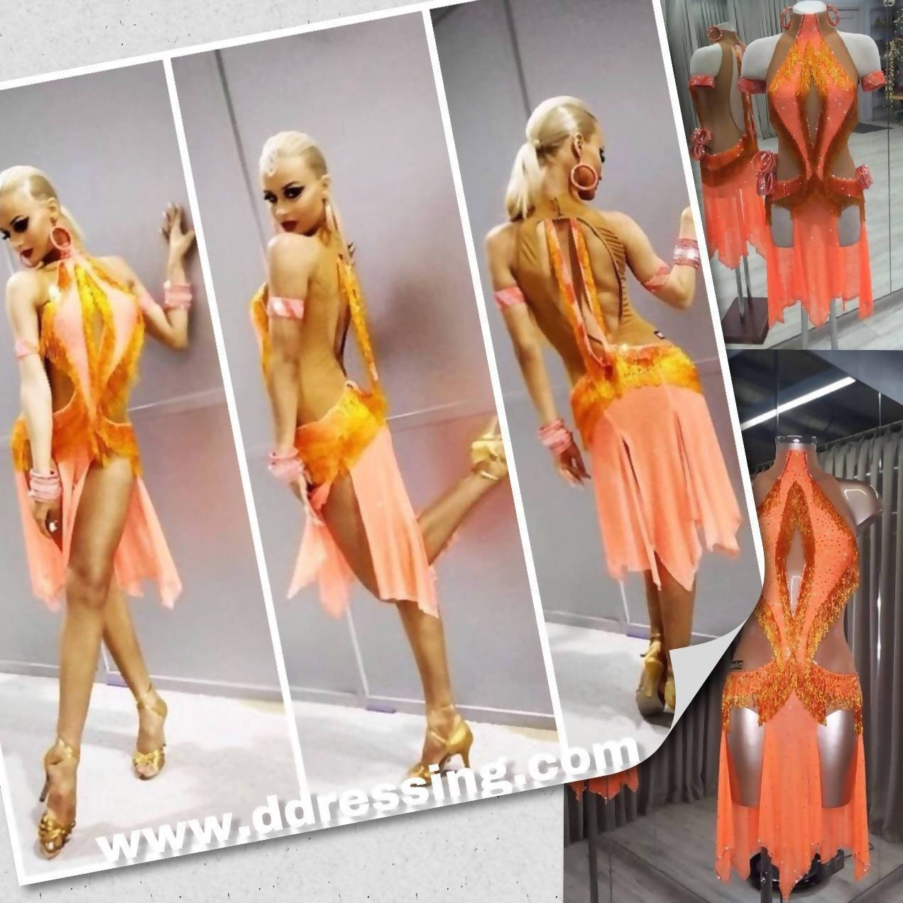 Orange Latin Dress with Fringe (ballroom dresses for sale, latin, dancesport, rhythm)