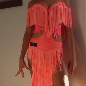 Neon Pink Latin Dress with Fringe (ballroom dresses for sale, latin, dancesport, rhythm) - DDressing
