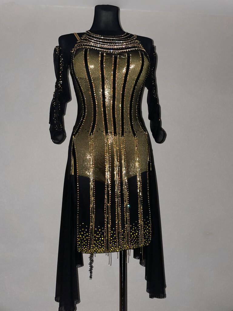 Beaded Elegance Black & Gold Latin Dress, latin dress for sale, rhythm dresses, latin dresses for sale, dance dress, competiton dress, dress by Neda Design