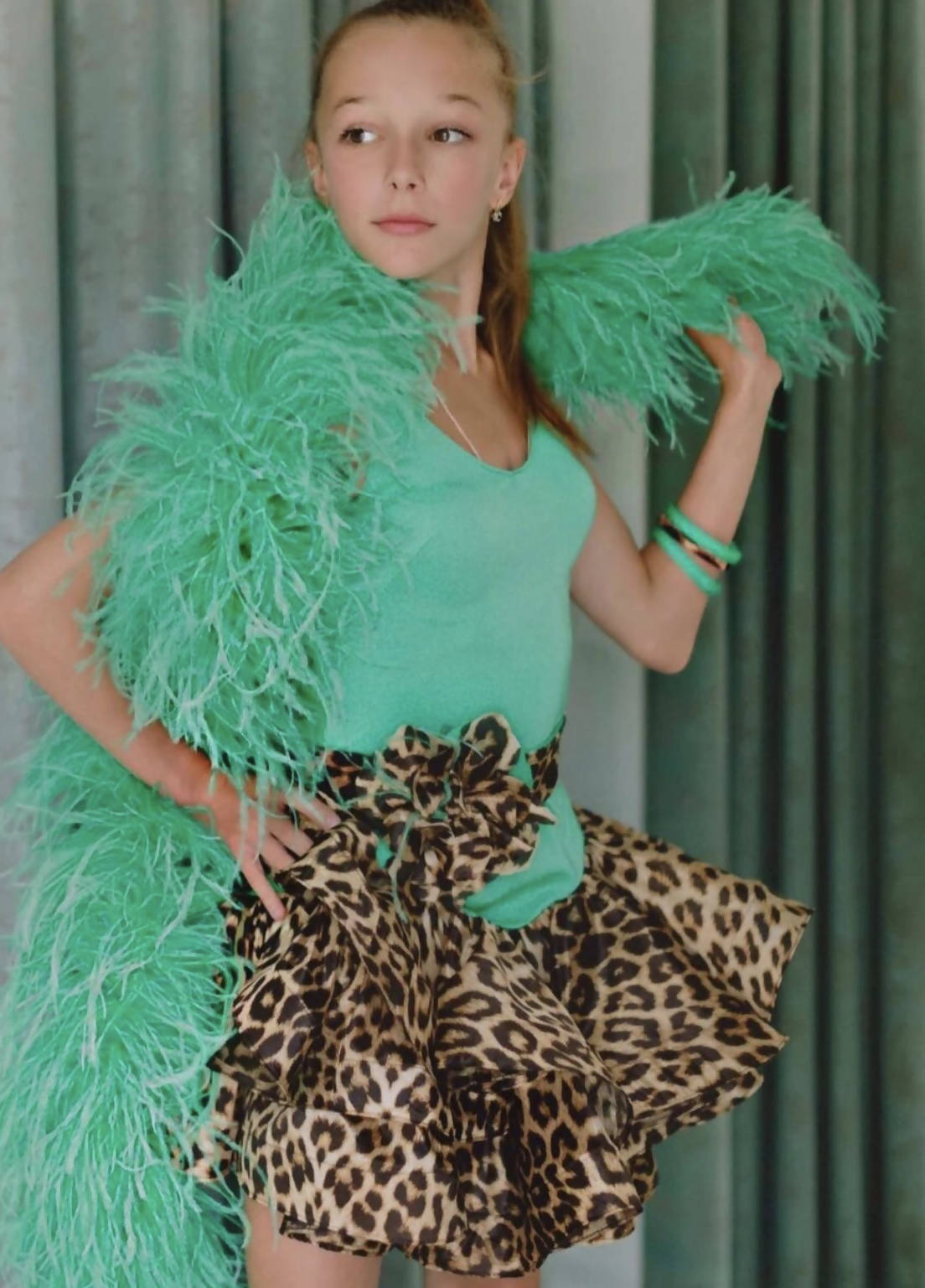 New Green & Animal Print Latin Junior 1 Dress (ballroom dresses for sale, latin, dancesport, rhythm)