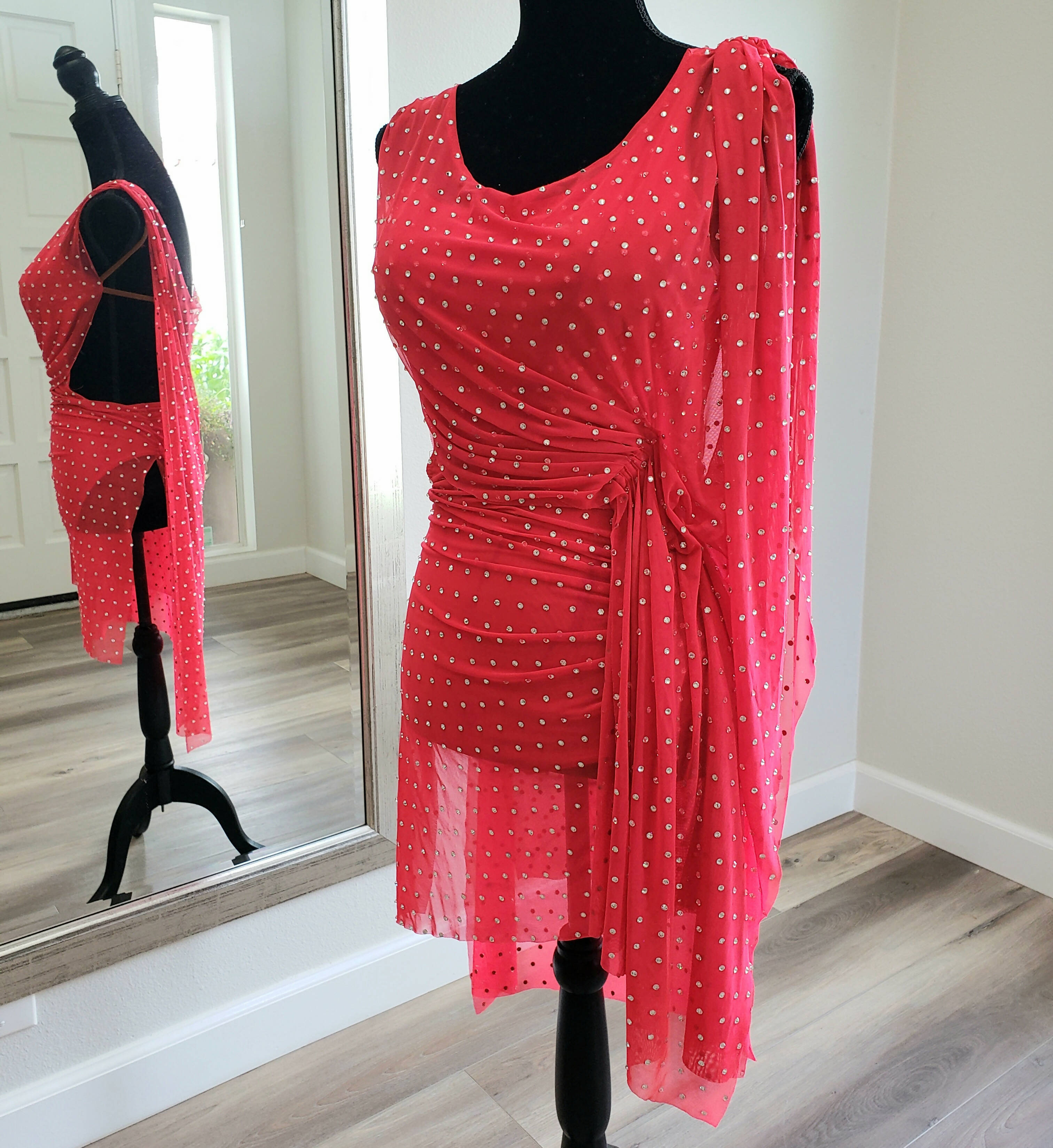 Coral Red Latin Dress with Swarovski (latin dress for sale, dancesport, rhythm)