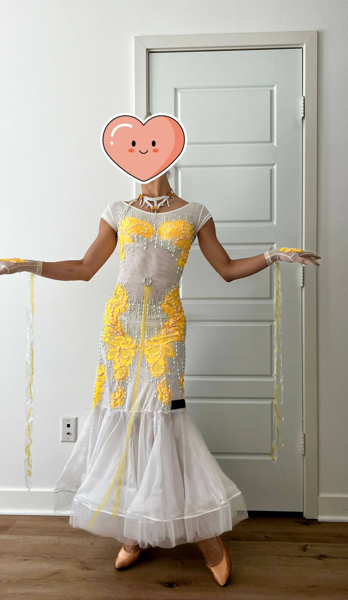 White & Yellow Standard Dress with Pearls