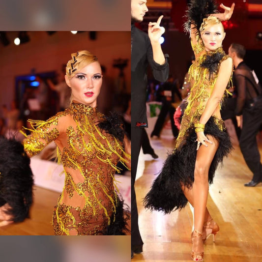Gold & Black Latin Dress with Feathers