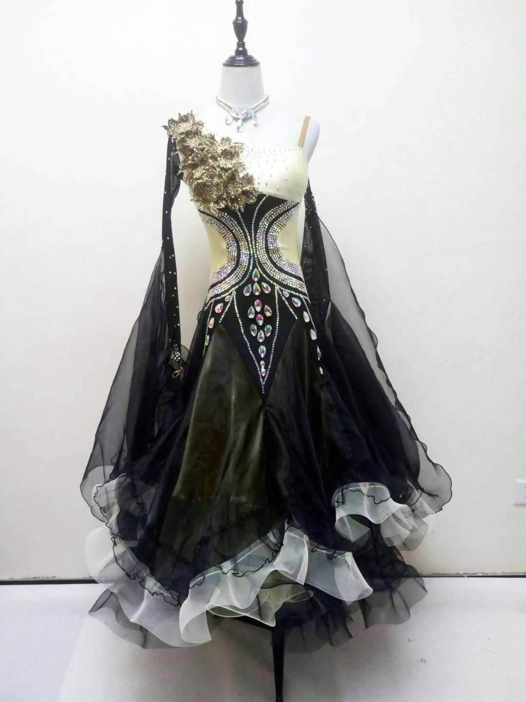 Black Ballroom Competition Dress with Gold Decoration Flowers - DDressing