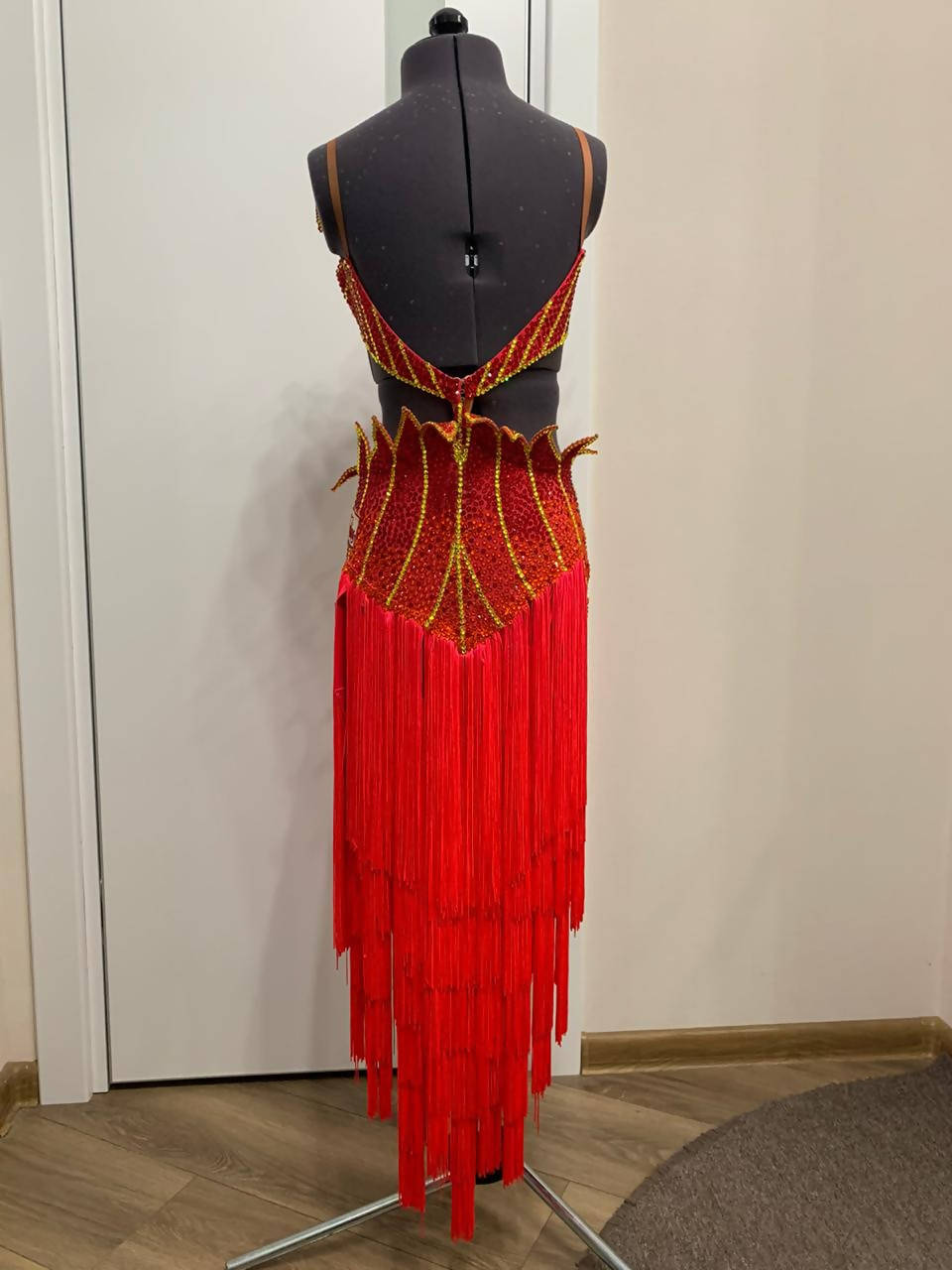 Red Latin Dress with Stones & Fringe (ballroom dresses for sale, latin, dancesport, rhythm) - DDressing
