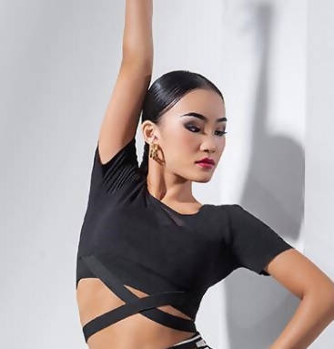 New Practice Latin Dancewear Set-Black Top & Leopard Skirt (dancewear, practice)W21D119