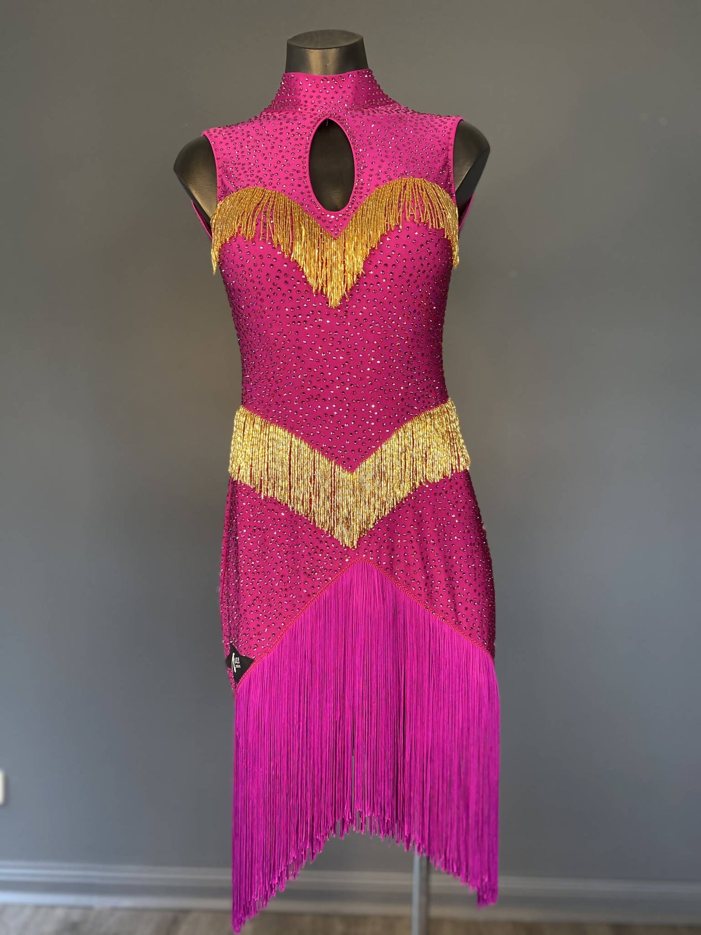 New Fully Stoned Fuchsia & Gold Latin DressDance Dressing