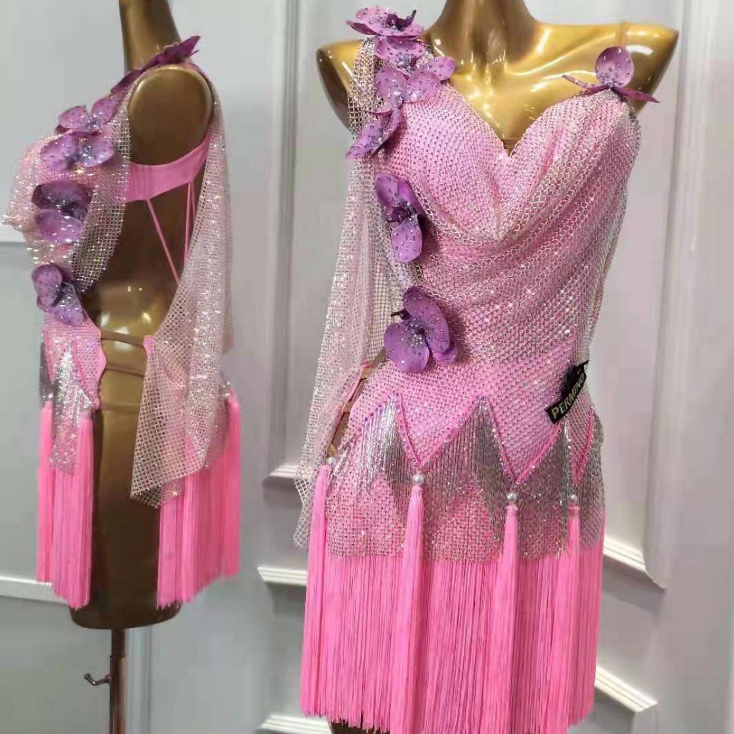 Custom Made Pink With Flowers Latin Dress