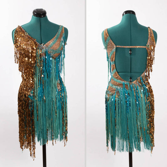 Designs to Shine Gold/Teal Sequin/Fringe Latin Dress