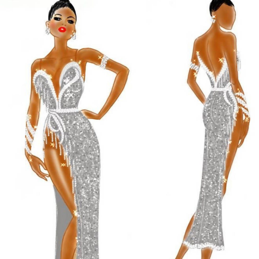 New Paula George Silver & White Latin Dress (ballroom dress for sale, latin, dancesport, rhythm)