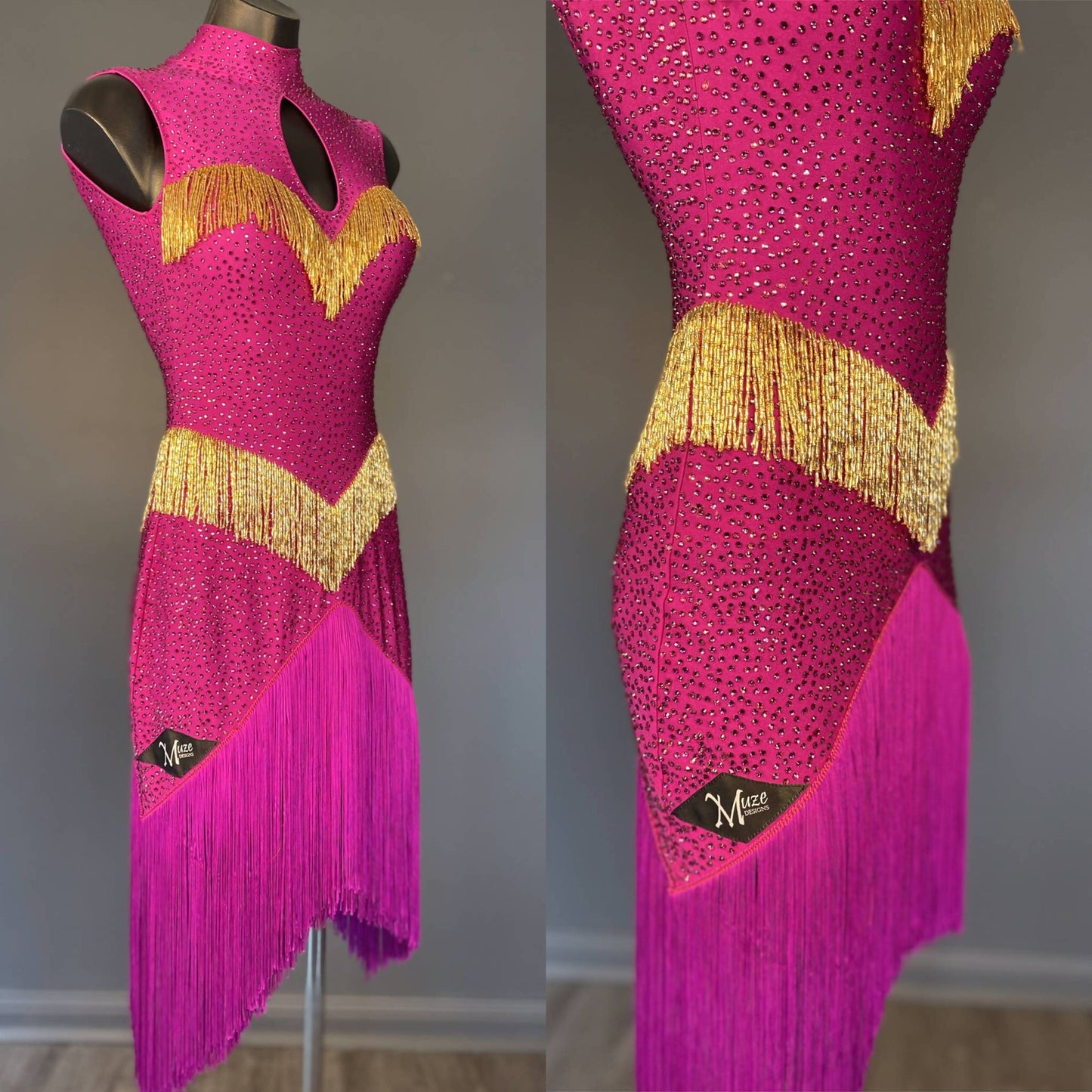 New Fully Stoned Fuchsia & Gold Latin DressDance Dressing