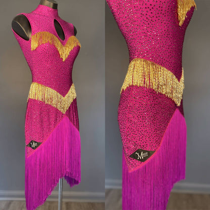 New Fully Stoned Fuchsia & Gold Latin DressDance Dressing