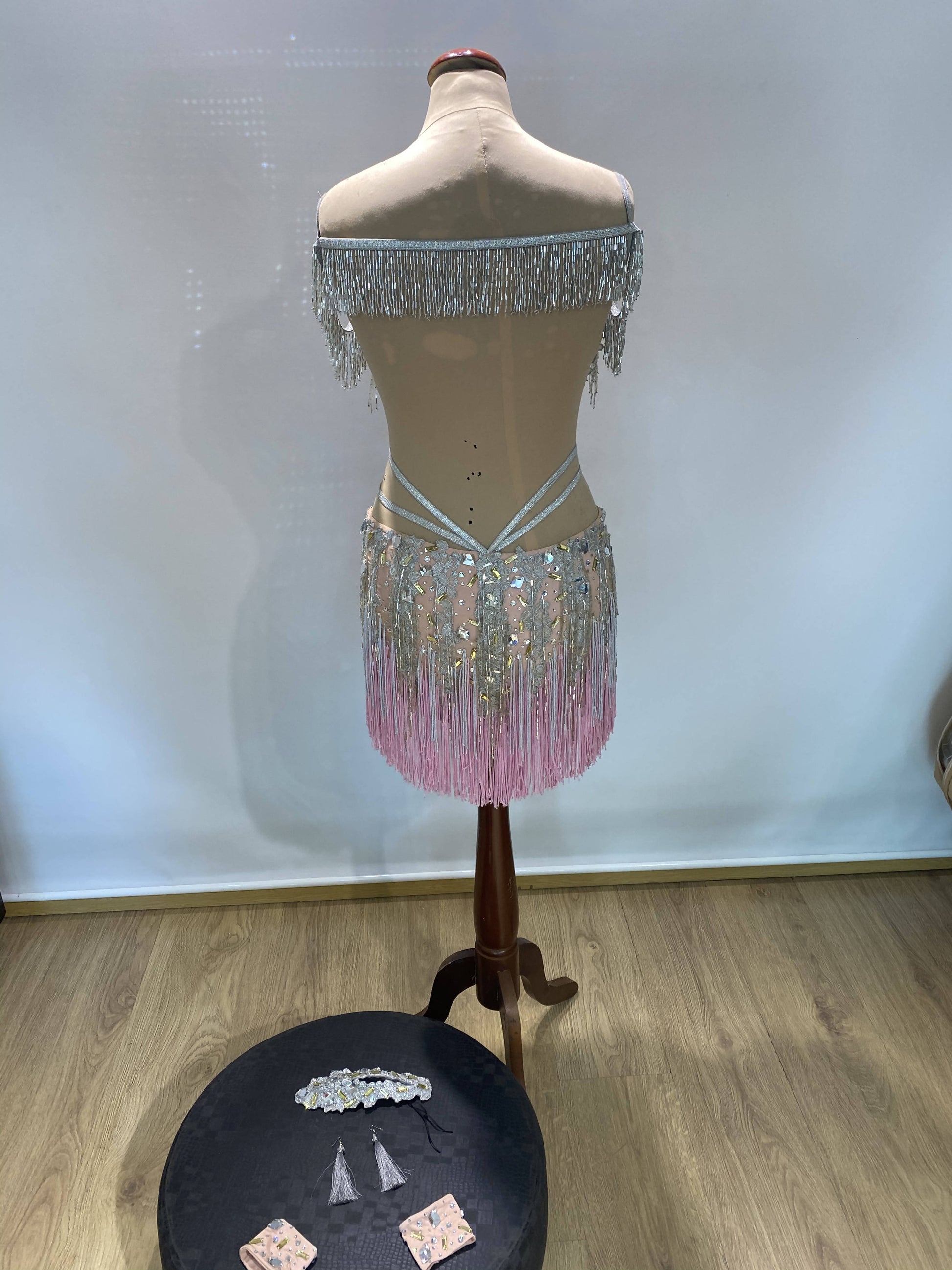 Silver & Pink Latin Dress with Fringe | DanceDressing