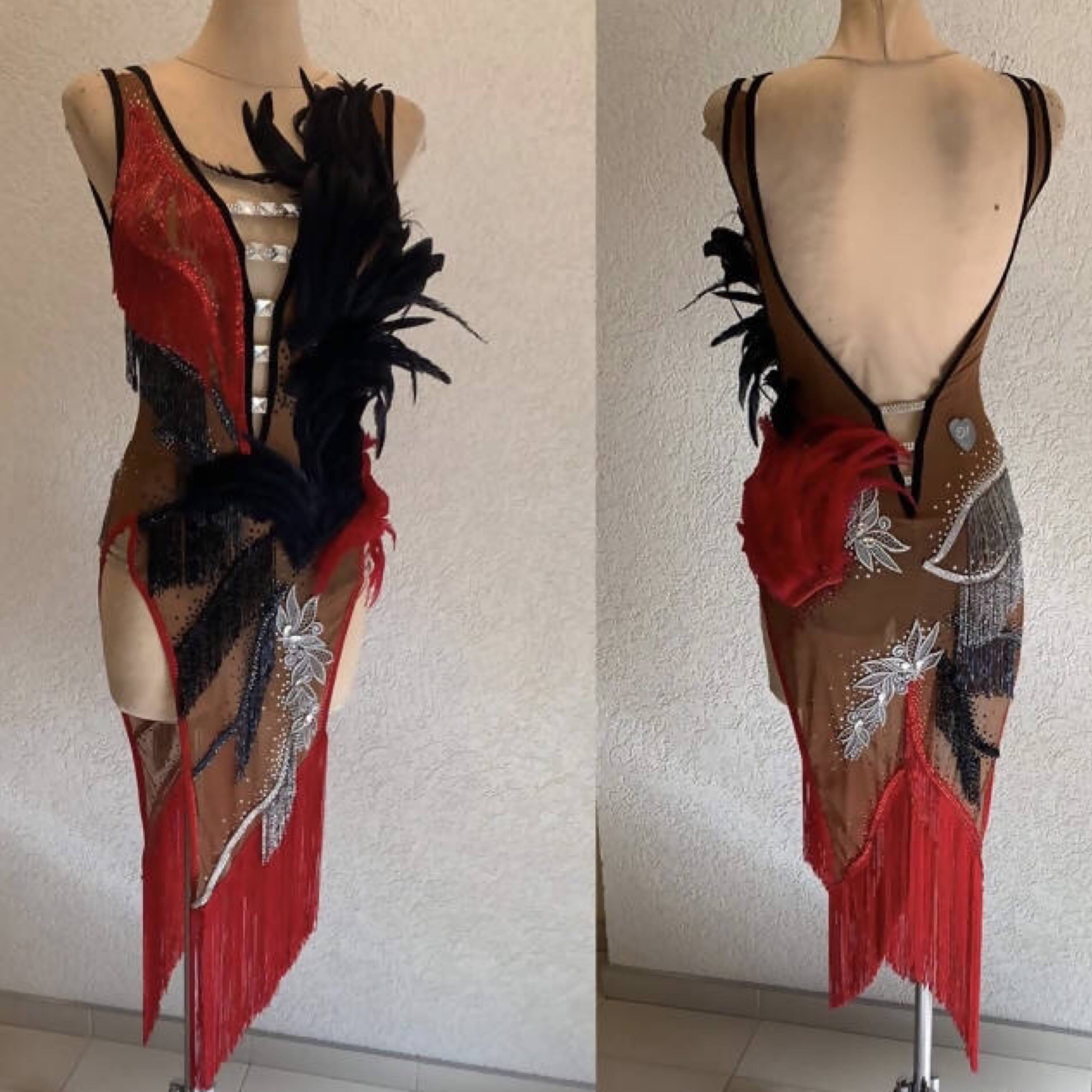 Red Latin Dress with Black Feathers (latin dress for sale, latin, dancesport, rhythm)