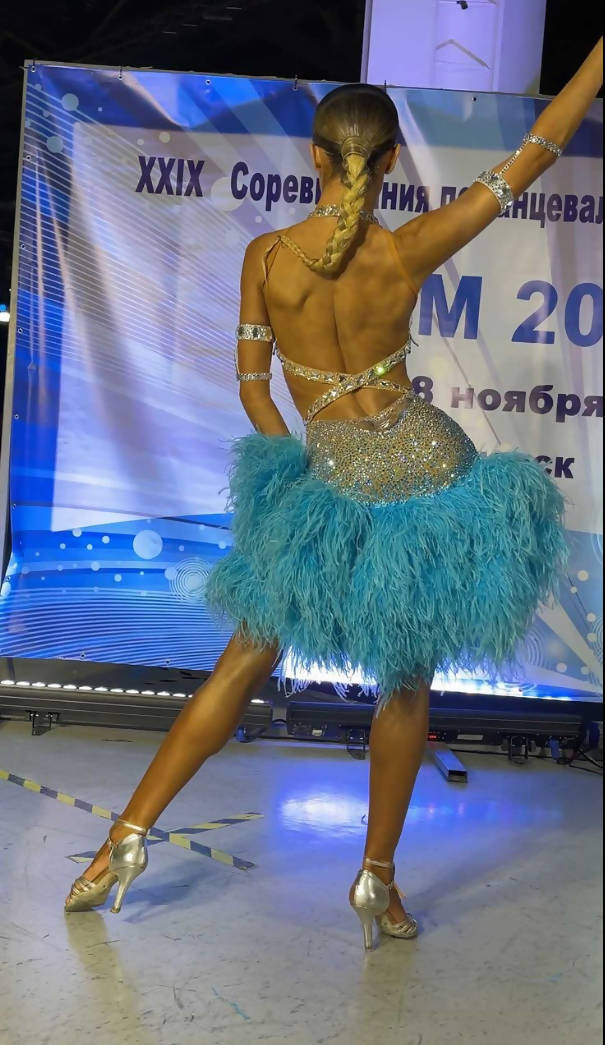 Alimova Silver & Blue Latin Dress (ballroom dresses for sale, latin, dancesport, rhythm)