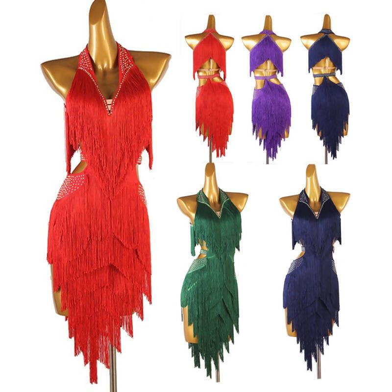 Chromatic Cascade Fringed Latin Dance Dress | Red/Blue/Purple/Green/Ye Customize / Purple Chromatic Cascade Fringed Latin Dance Dress | Red/Blue/Purple/Green/Ye Customize / Purple