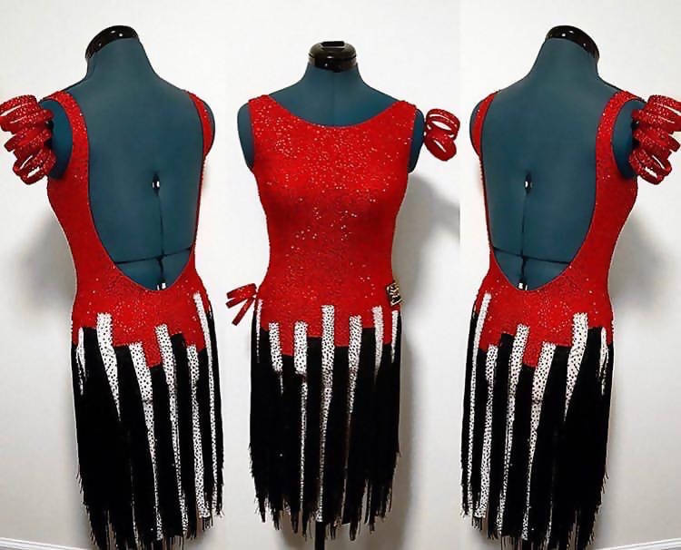 New Red & Black Latin Sponsored Dress with Fringe (latin dresses for sale, ballroom, dancesport, rhythm)