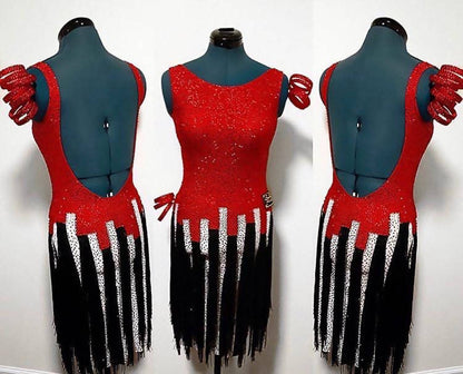 Red & Black Latin Sponsored Dress with Fringe