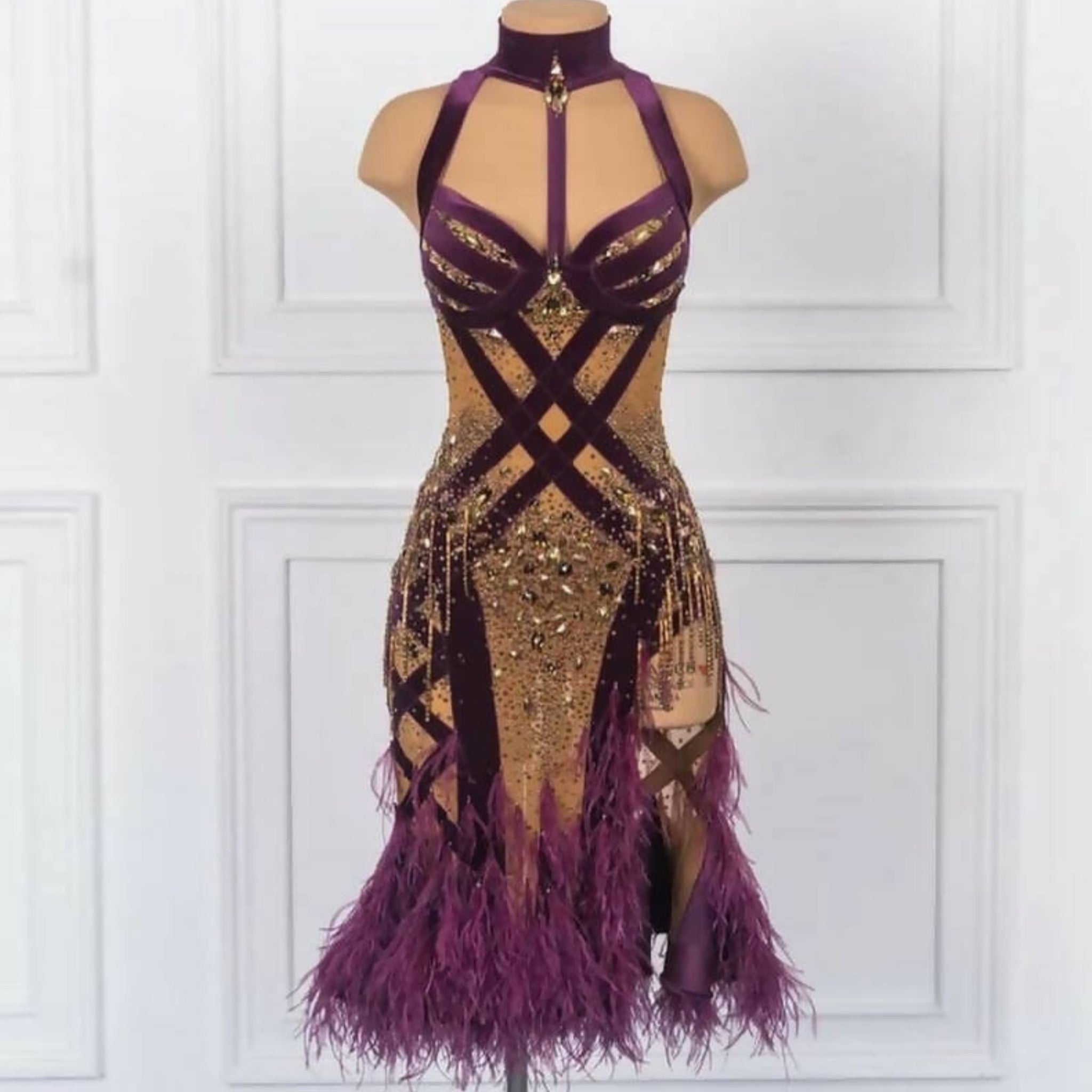 Sponsored Gold Purple Velvet Latin Dress (dancesport dress for sale, rhythm)