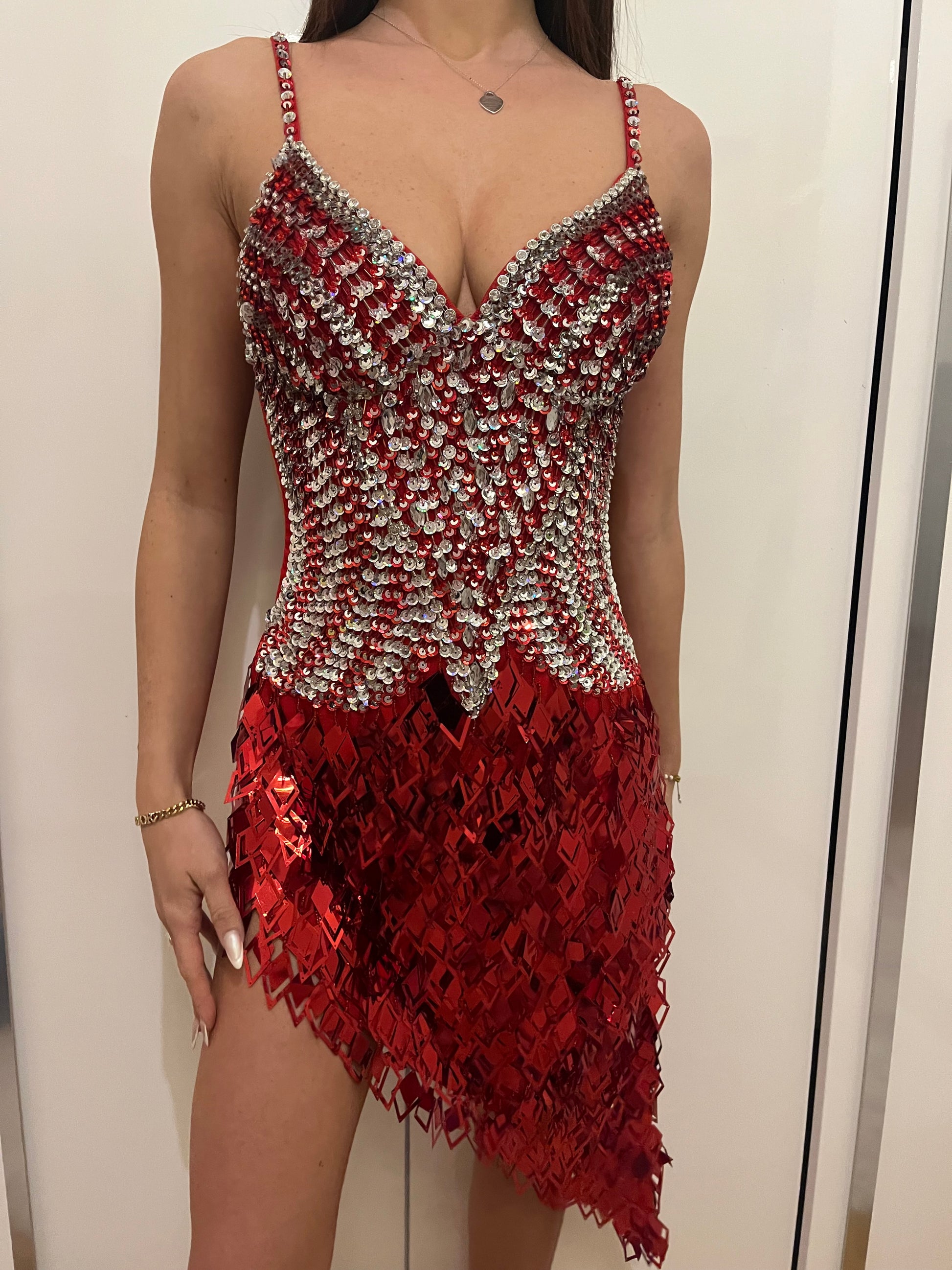 Radiant Red and Silver Sequined Latin Dance Dress, red latin dress, competition dress, rhythm dress, dance dresses for competition, sequin dress for sale
