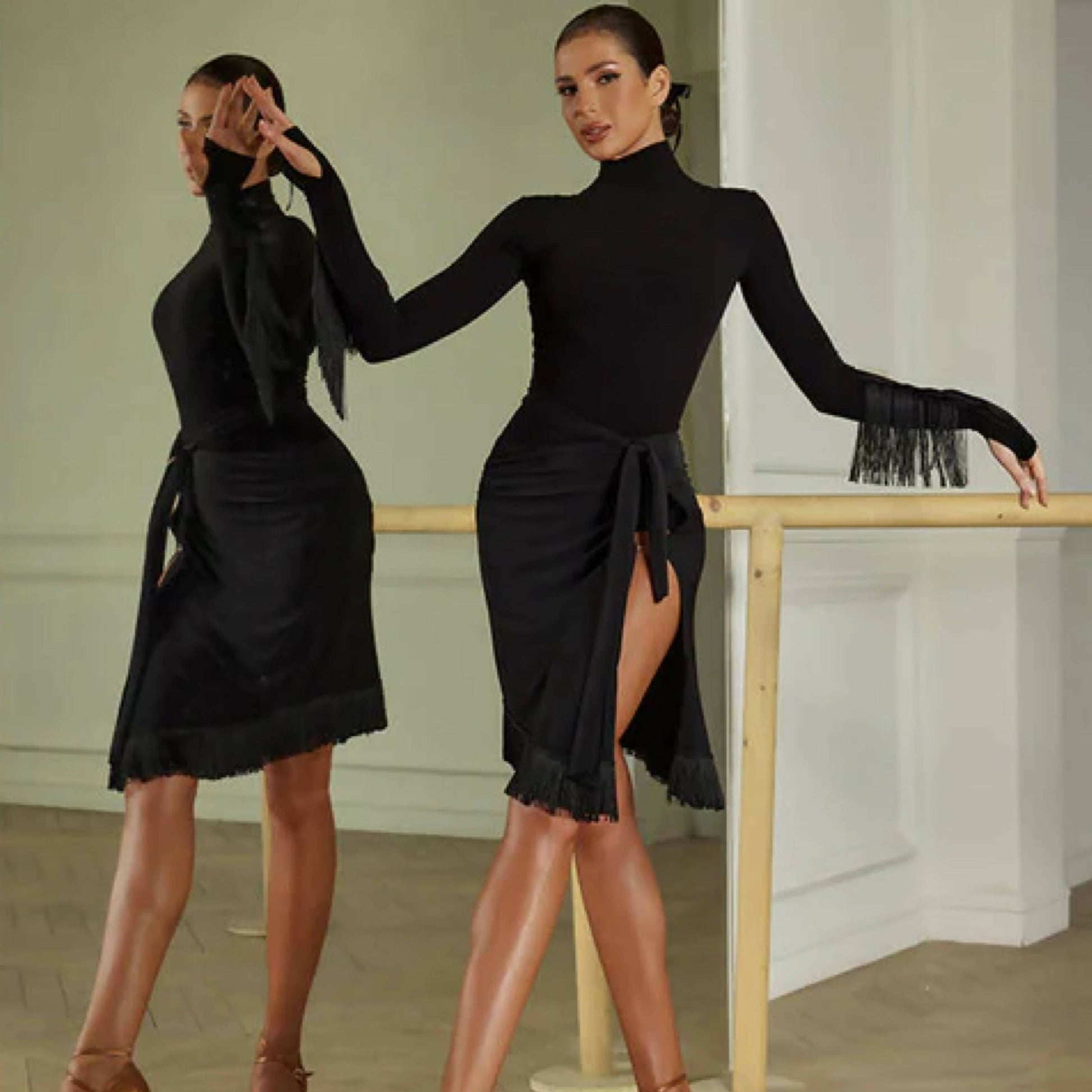 Latin Dancewear including body long sleeves with fringes and black practice skirt with fringes