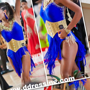 Blue and Gold Latin Dress with Accented Belt (latin dress for sale, rhythm)