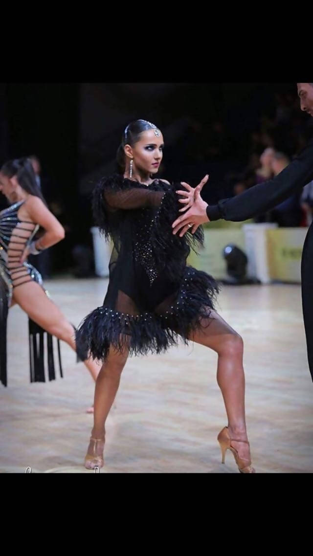Black Transparent Latin Dress with Feathers (ballroom dresses for sale, latin, dancesport, rhythm) - DDressing