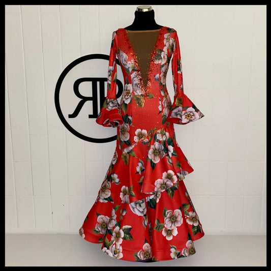 Red Floral Print Standard Ballroom Dress (ballroom dress for sale, standard, modern, smooth)