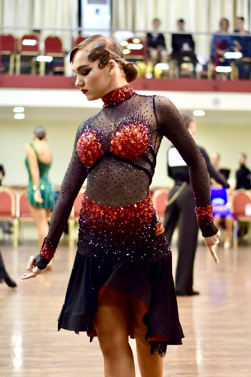Ajour Design Black & Red Latin Dress (latin dresses for sale, ballroom, dancesport, rhythm)